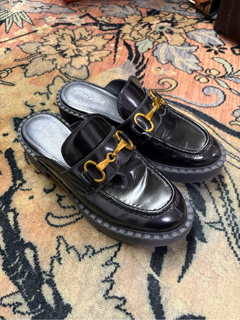 Jeffrey Campbell Black Patent Leather Mule Loafers with Gold Hardware